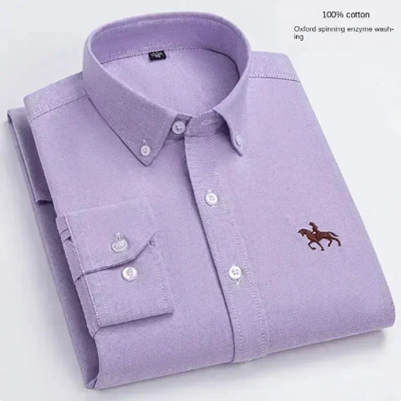 S~7XL 100% Pure Cotton Men's Long Sleeve Oxford Spinning Shirt Business Leisure Embroidery Pocket Slim Fit Button Style Soft Med