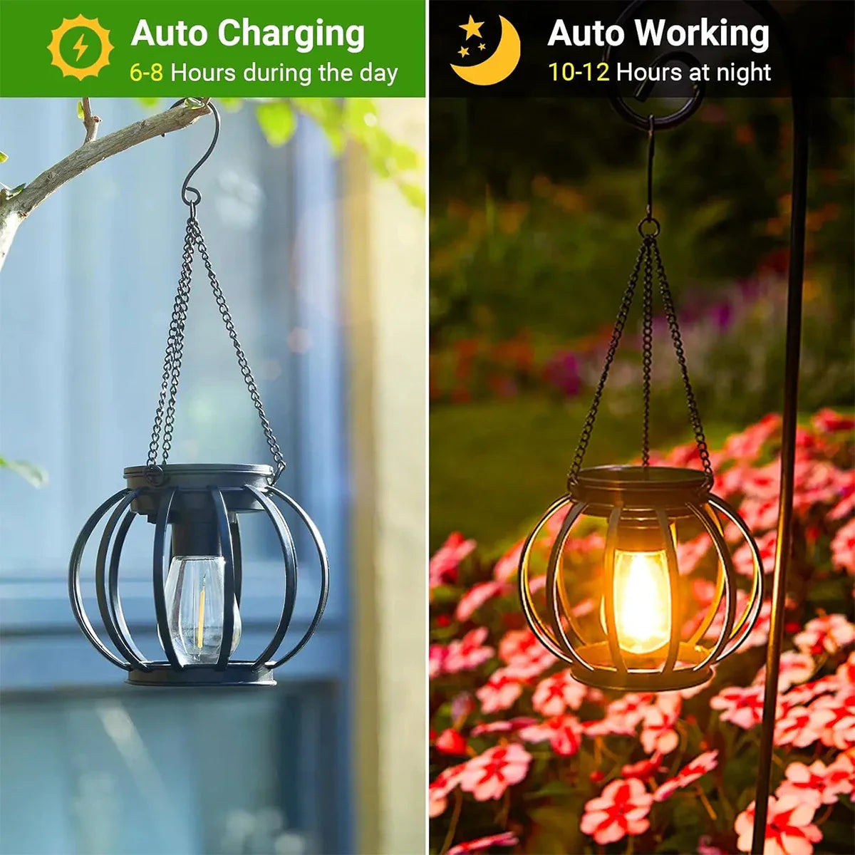 Solar LED Hanging Lantern – IP65 Waterproof, 800mAh, Auto Dusk-to-Dawn, Metal