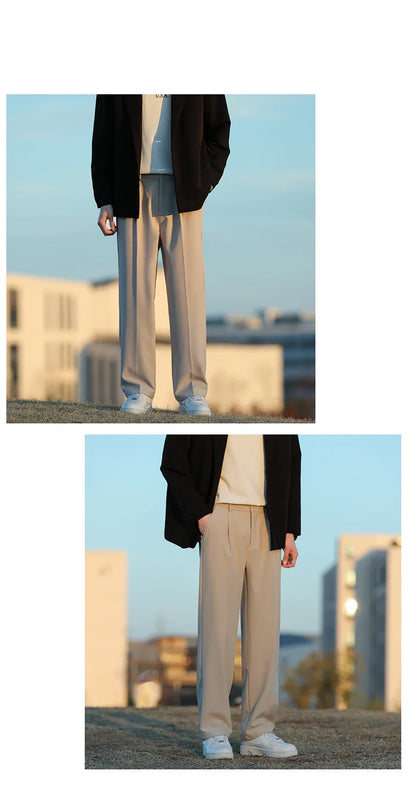Spring Summer Men Suit Pants Wide Leg Long Drape Trousers Fashion Streetwear Clothing Solid Stretch Waist Oversize Pants Black