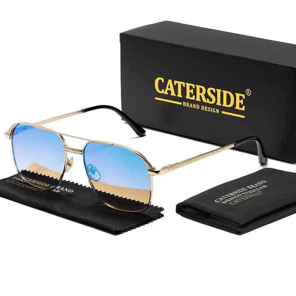 CATERSIDE New Retro Pilot Sunglasses Men Square Frame Suneyeglass Women Flat Top Double Bridges Vacation Beach Eyewear UV400