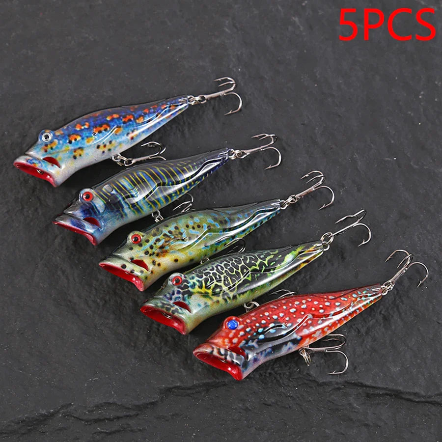 5pcs Striped Crankbait Popper Fishing Lure Set Tackle 8cm/12.4g Dot Painted Artificial Hard Bait With Hook Wobbler For Fish/Pike