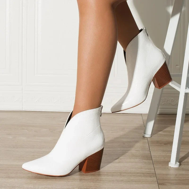 Gold Silver Ankle Boots Women Zipper Pointed Toe Square Chunky High Heel Snake Print Leather Design Boots for Women Botas Mujer
