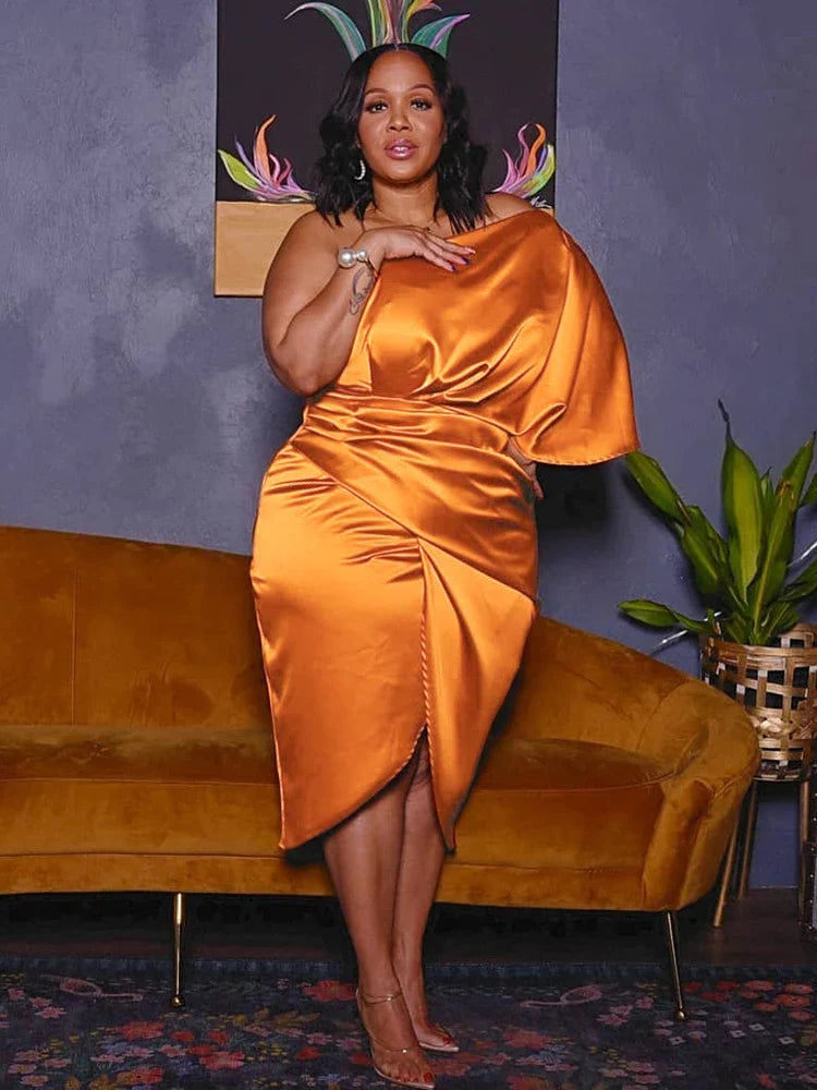 Plus Size Women Clothing One Shoulder Wedding Dress Big Lady Elegant Satin Short Dress Dresses 5xl Wholesale Bulk Dropshipping