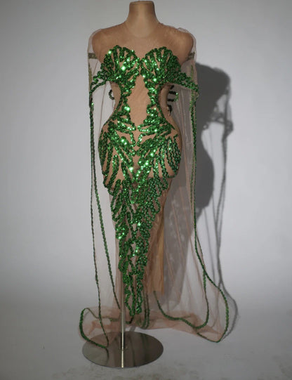 Sparkly Green Sequins Cloak Sexy Mesh Transparent Celebrate Evening Prom Birthday Long Dress Photo Shoot Singer Show Stage Wear