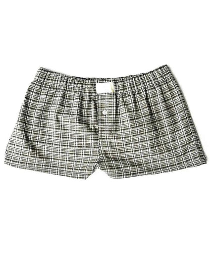 Women’s Y2K Retro Cleanfit Plaid Print Elastic Low Waist Button Front Aesthetic Loungewear Loose Shorts Boxers Streetwear