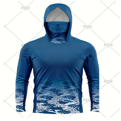 Army Green Camo Colorful Hoodie with Face Mask UV 50+Gaiter Fishing Clothing Men's Long sleeved Breathable Quick Drying T-shirt
