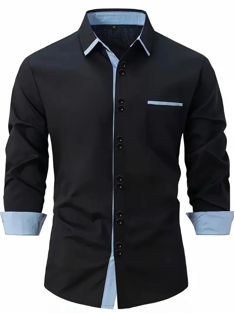 Men's Shirt Business Casual Comfortable Cotton Lapel Color Matching Pocket Holiday Long Sleeve Top