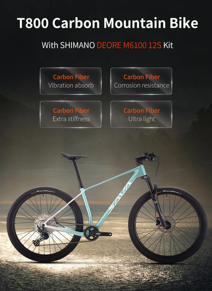SAVA Men's Carbon Fiber Mountain Bike 12-Speed Adult MTB Bicycle Frame 27.5/29 Inch Shimano M6100 Components