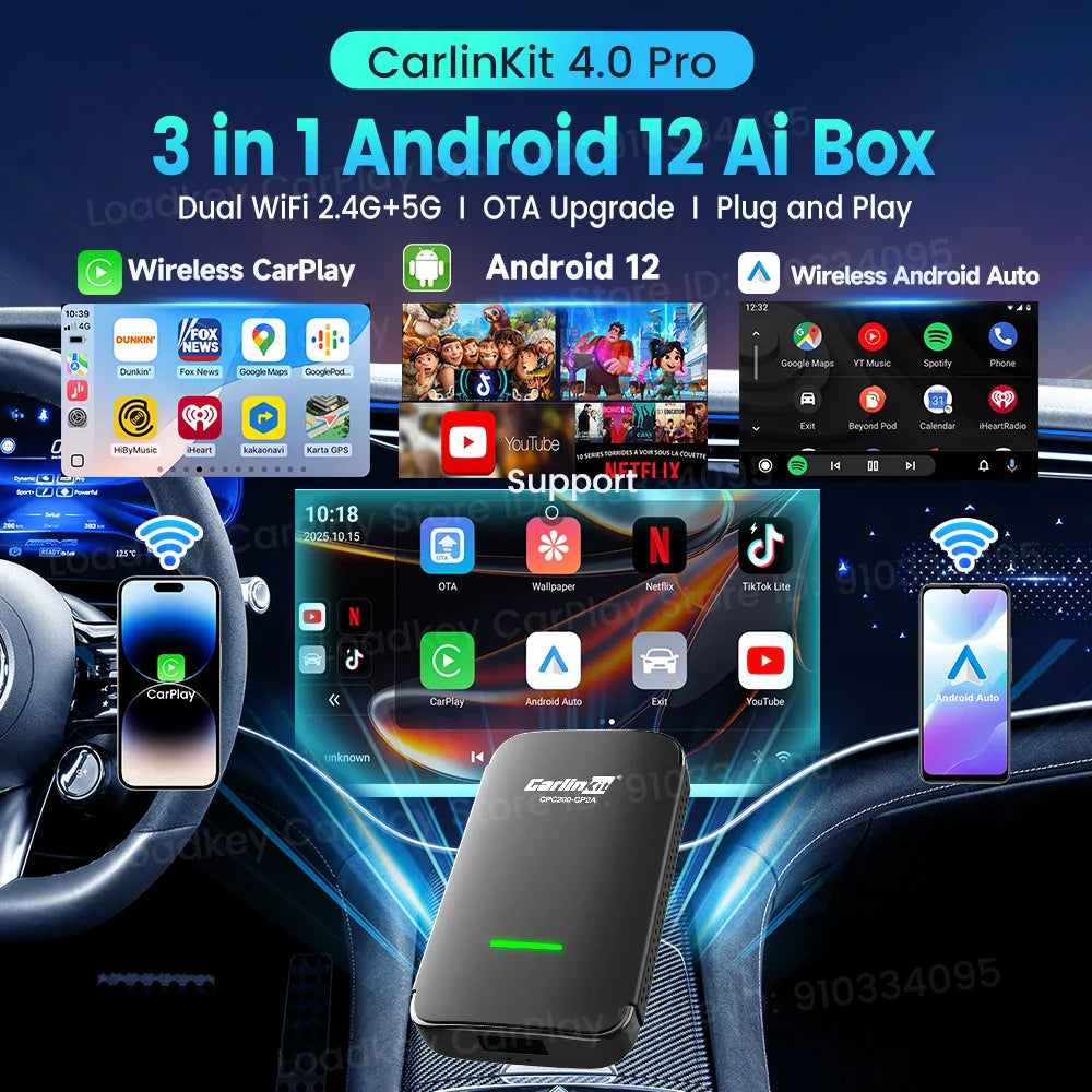CarlinKit CP2A Pro Ai Box Wireless Adapter CarPlay Android Auto Wireless Smart CarPlay Box Support YouTube Netflix TikTok 5G USB