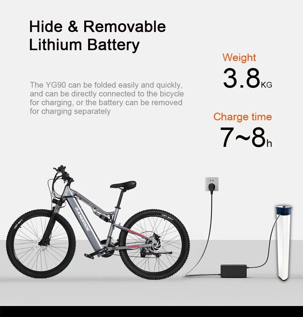 Electric Bicycle RANDRIDE YG90 1000W 48V17AH Hydraulic Brake E-bike with Full Suspension  21 Gears Shift Free Rack Electric bike