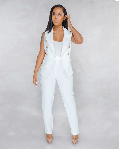 Business Work Wear Two Piece Pant Suits for Women Sets Elegant Sleeveless Blazer Top and Pencil Pants Office Lady Matching Sets