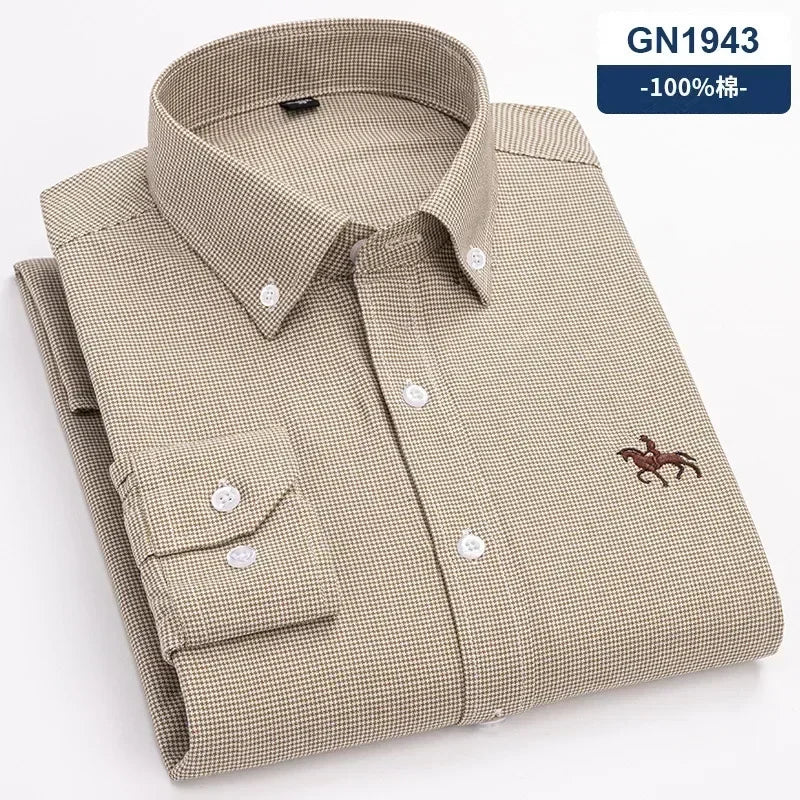 S~7XL 100% Pure Cotton Men's Long Sleeve Oxford Spinning Shirt Business Leisure Embroidery Pocket Slim Fit Button Style Soft Med