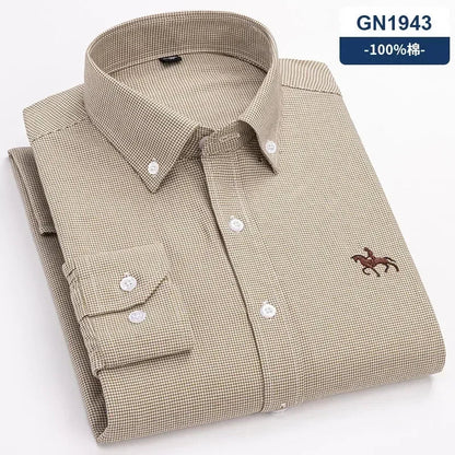 S~7XL 100% Pure Cotton Men's Long Sleeve Oxford Spinning Shirt Business Leisure Embroidery Pocket Slim Fit Button Style Soft Med