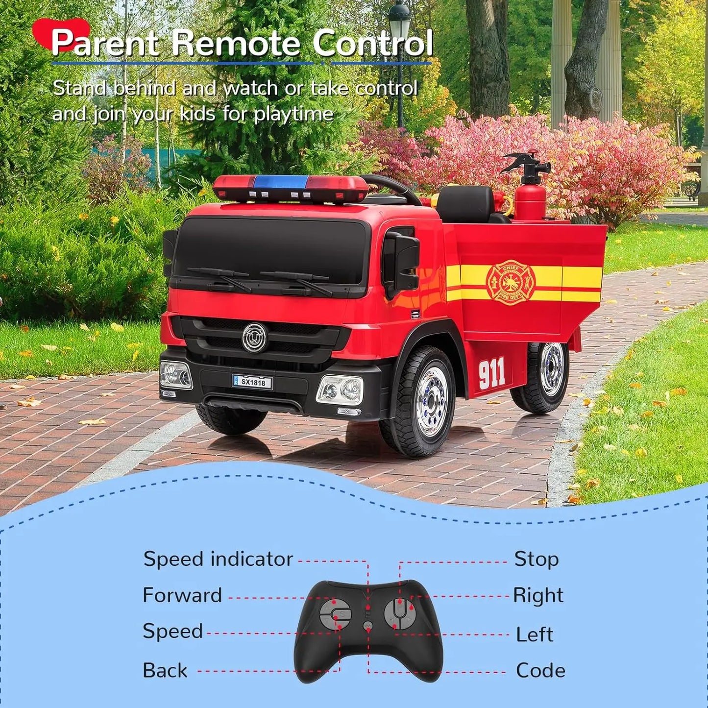 AOOU 12V Ride on Fire Truck, Kids Electric Vehicle, Battery Powered Car Toy w/Remote Control, Power Motorized Driving Car