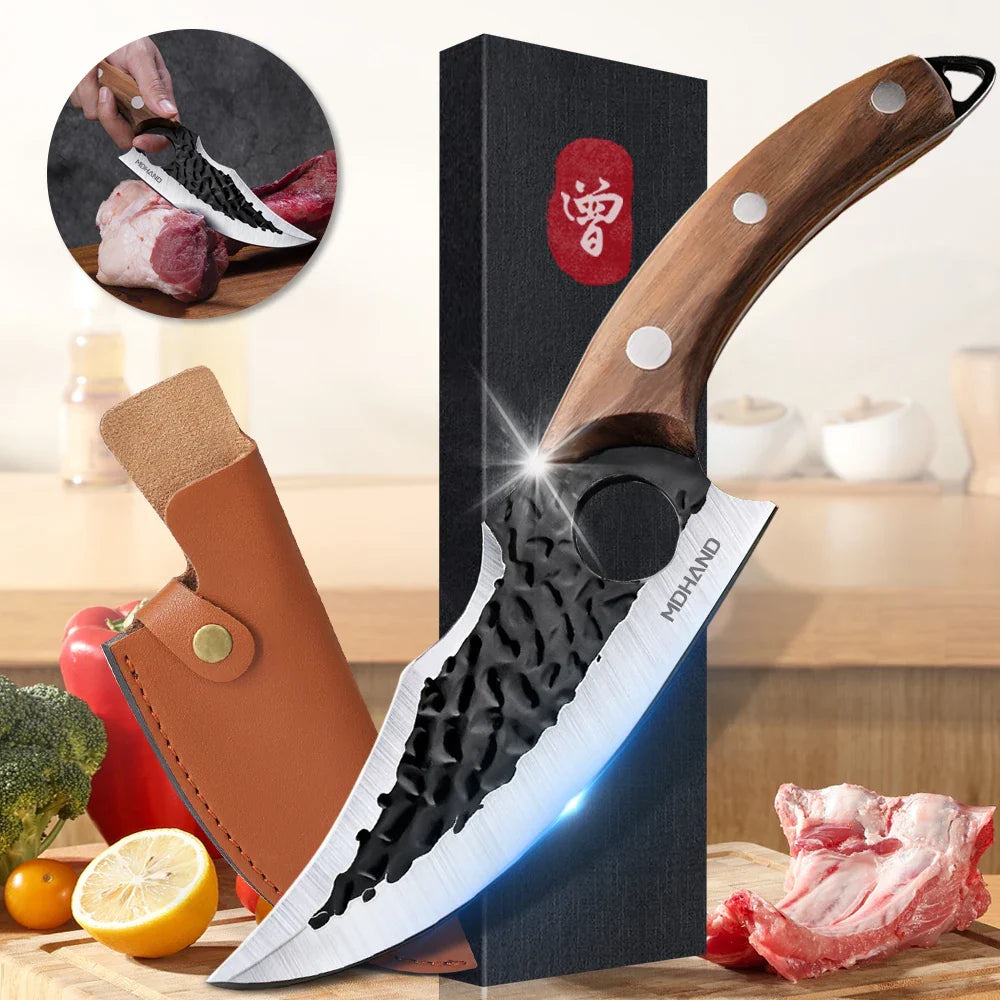 Hand Forged Stainless Steel Chef Knife – 4CR14 Steel, Rosewood Handle, PU Leather Sheath