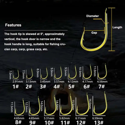 High-Carbon Barbed Fishhooks – 50pcs, Sizes 1–13#, Black & Golden, Carp & Sea Fishing
