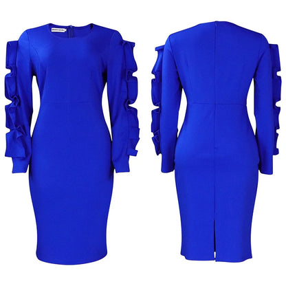 Elegant Office Dresses for Woman 2024 New O Neck Petal Sleeve Sheath Package Hips Mid Calf Formal Business Work Wear Dress Midi