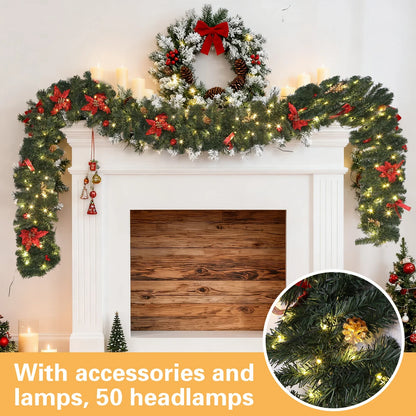 2.7m LED Xmas Fireplace Decor Pre Lit Christmas Garland Door Wreath Pendant (E)