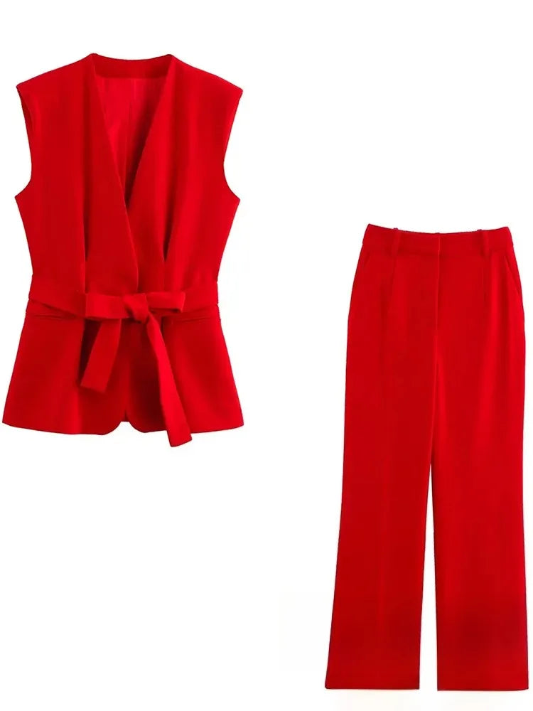 KONDALA Office Lady Chic Red Vest Blazer Suit V Neck Sashes Sleeveless Blazer High Waist Wide Leg Pants Fashion 2025 Summer Sets