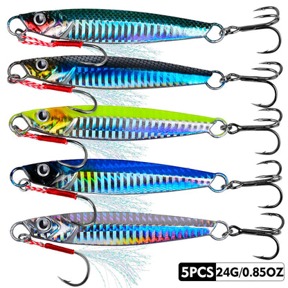 PROBEROS 5pcs Luya Iron Plate Sea Fishing Metal Bionic Bait 17g/21g/24g/30g/40g/60g Double Hooks Luminous Fake Bait Wholesale