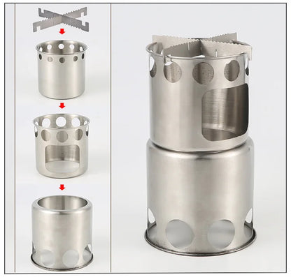 Portable Stainless Steel Wood Burning Camp Stove Set with 304 Cookware Pot for Outdoor Camping New
