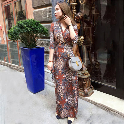 FANIECES Summer Wrap Dresses Women Sexy V Neck Split Maxi Dress Print Female Casual Beachwear Lace Up Party Vestidos Robe платье