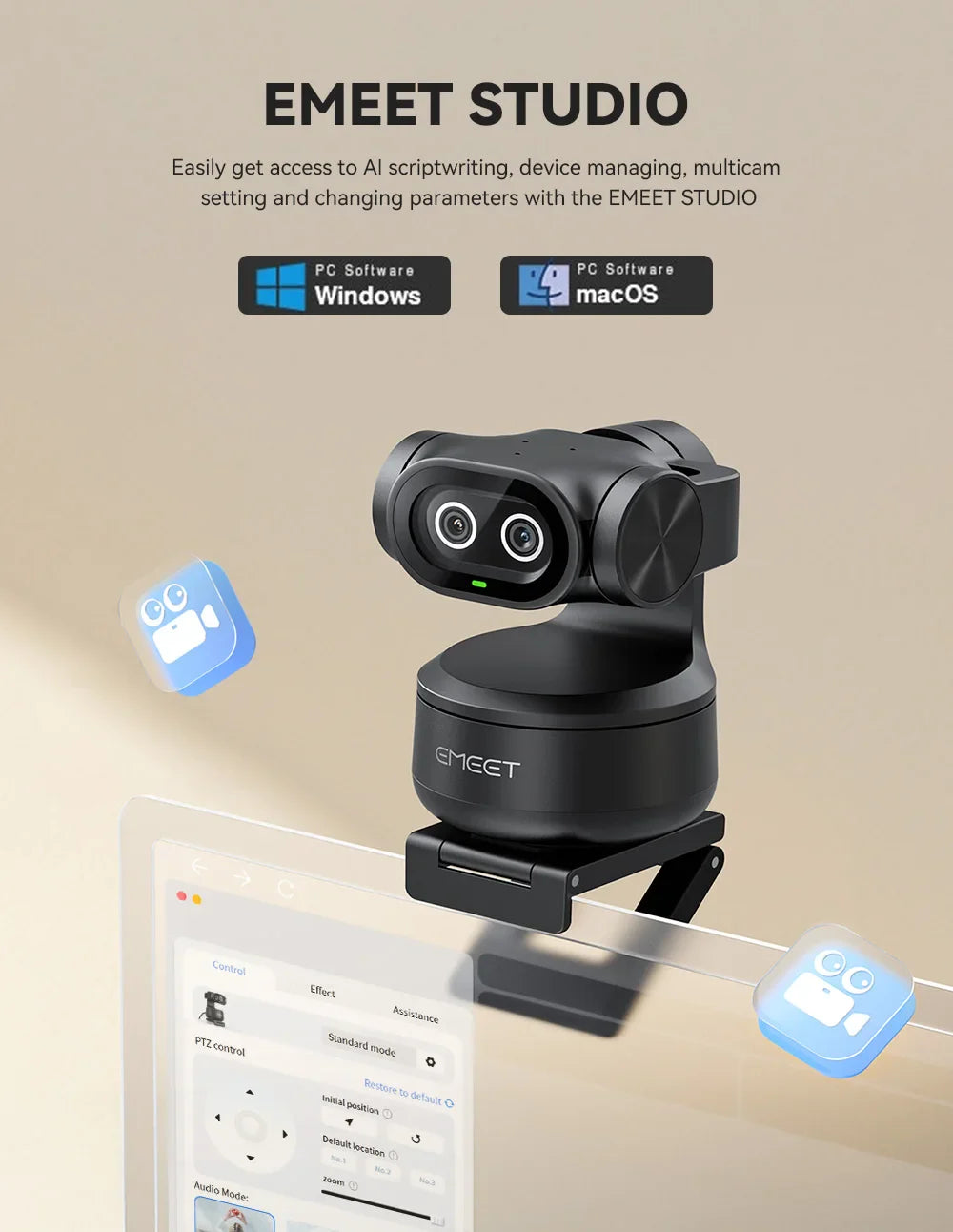 4K Webcam PTZ Web Camera EMEET PIXY Dual-Camera AI Tracking Video Camera for Streaming With SonySensor Gesture Control Autofocus