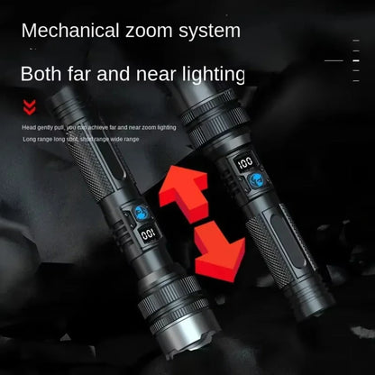 Powerful LED Flashlight – Adjustable Zoom, Digital Battery Display, USB-C Rechargeable