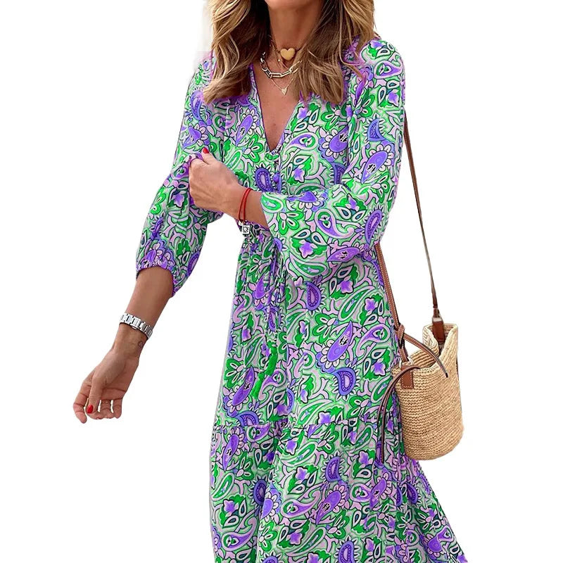Elegant Women's Flower Long Dresses 2024 Spring New Bohemian Printed  Dress Abıye Kadın Abiye  Платье Robe Ete Femme Vestidos