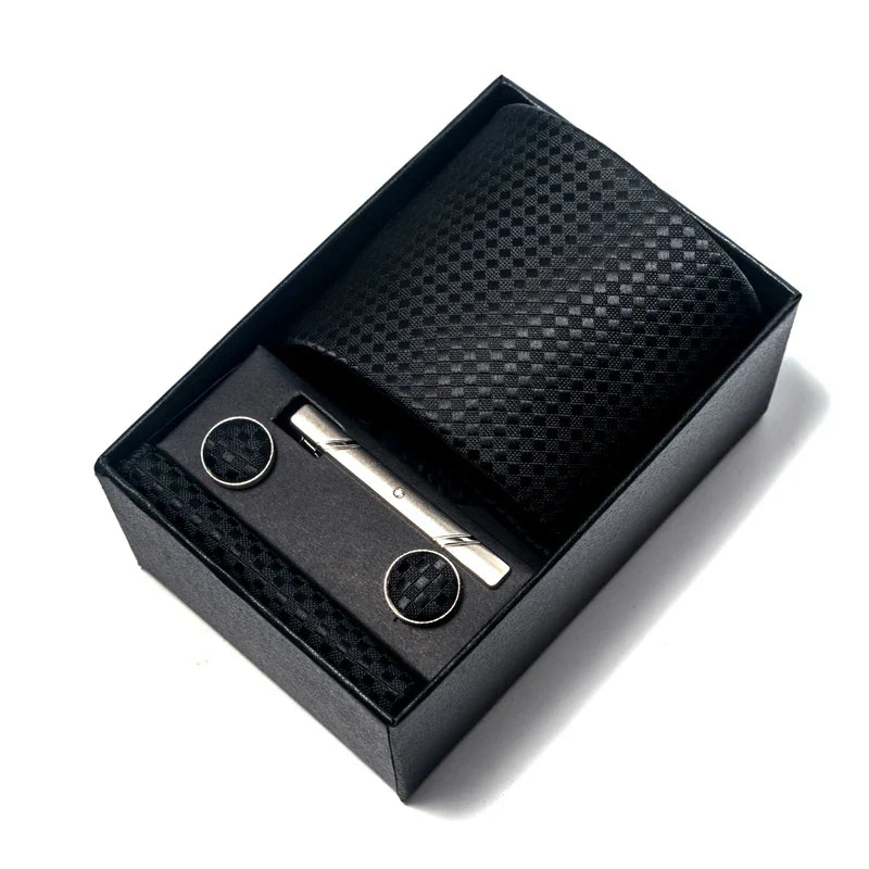 Luxury Brand 8 cm Tie Handkerchief Cufflink Clip Set For Men Wedding Gravata Suit Accessories Holiday Gift Box