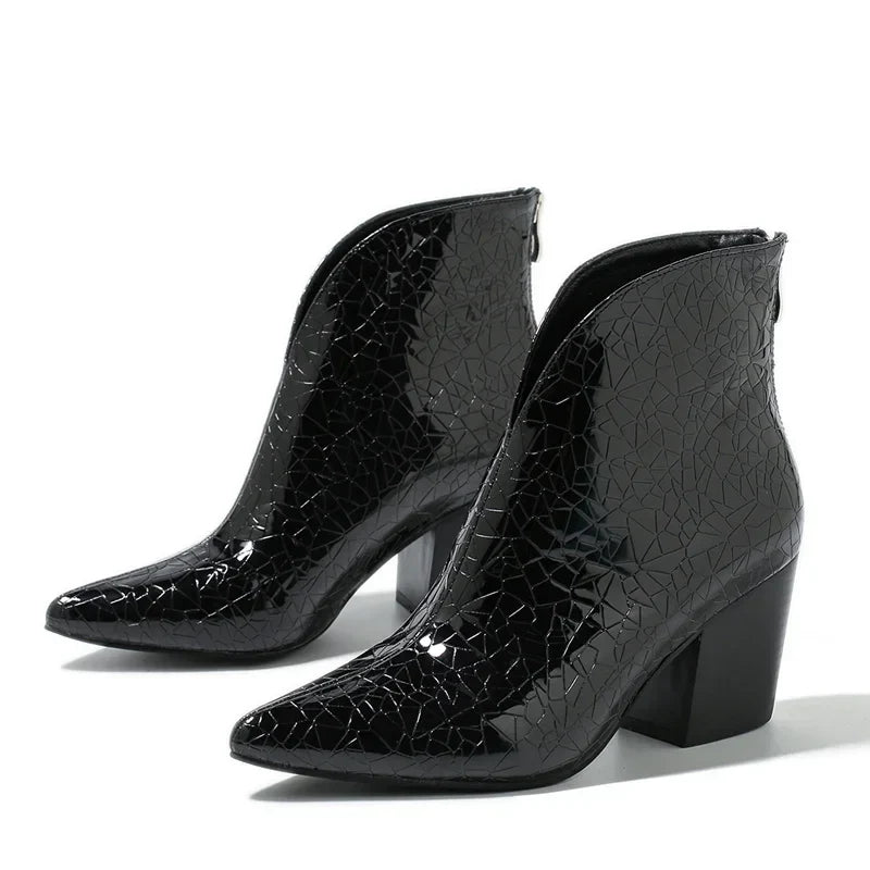 Gold Silver Ankle Boots Women Zipper Pointed Toe Square Chunky High Heel Snake Print Leather Design Boots for Women Botas Mujer