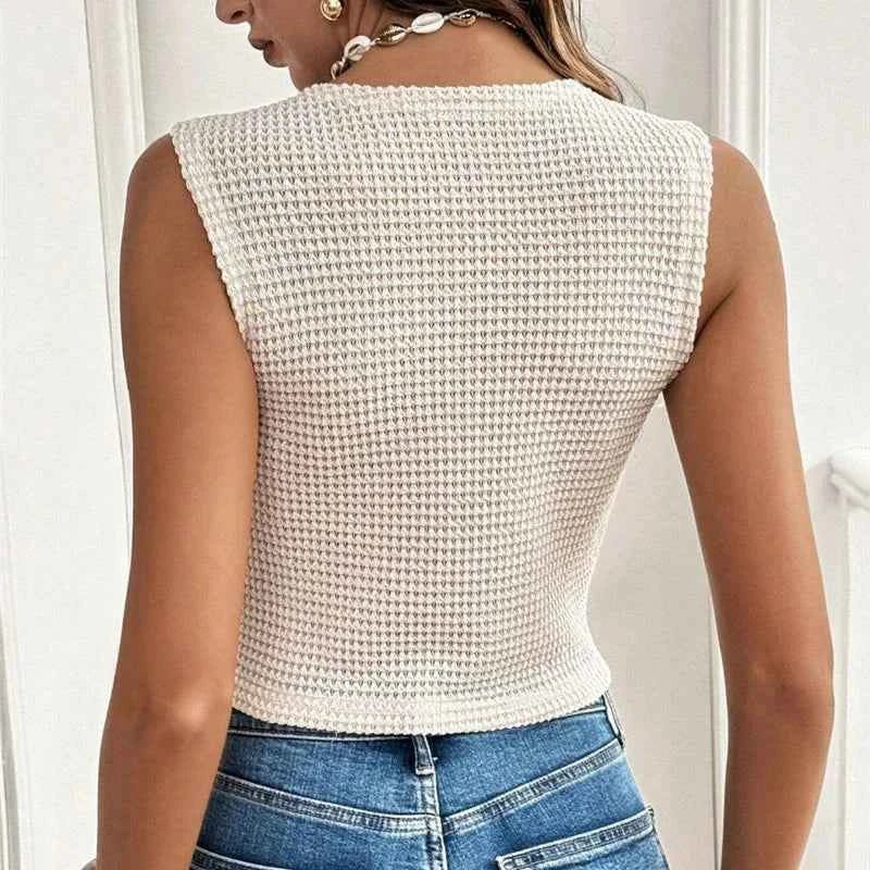 Summer Street Style Simple Casual Sleeveless Solid Color Women's Vest Versatile V-neck Slim Fit Elegant Button Up Short Top