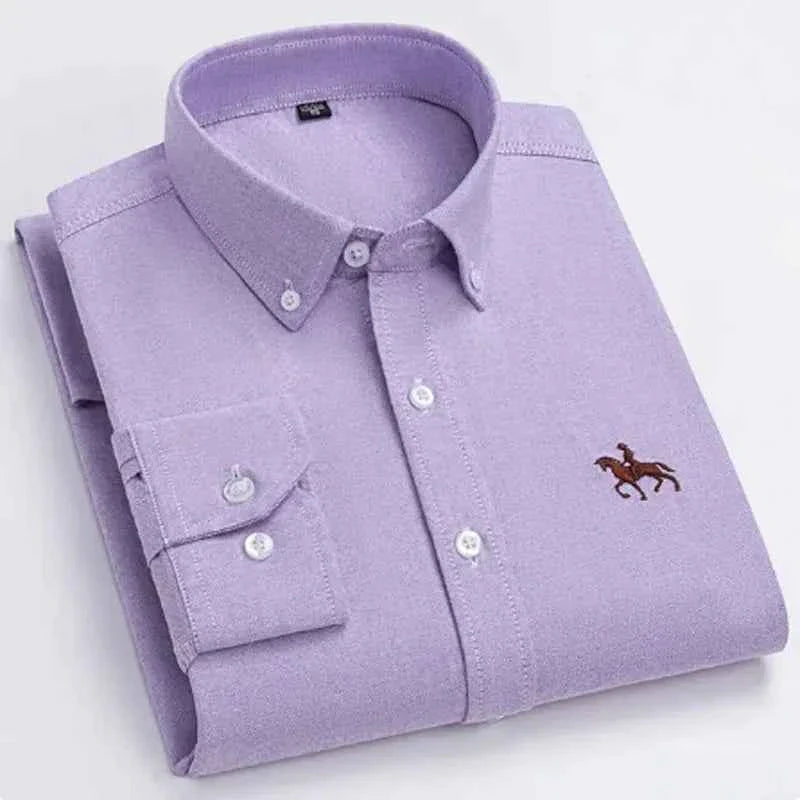 S~7XL 100% Pure Cotton Men's Long Sleeve Oxford Spinning Shirt Business Leisure Embroidery Pocket Slim Fit Button Style Soft Med
