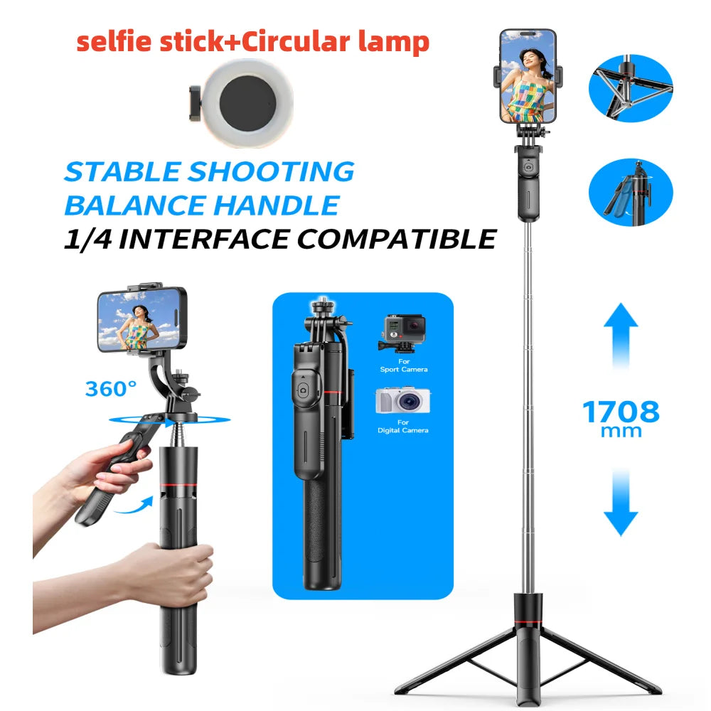 BSLIUFANG 2025 new 1.7M 360° rotation selfie stick tripod foldable stand with Wireless Bluetooth remote control for phone camera