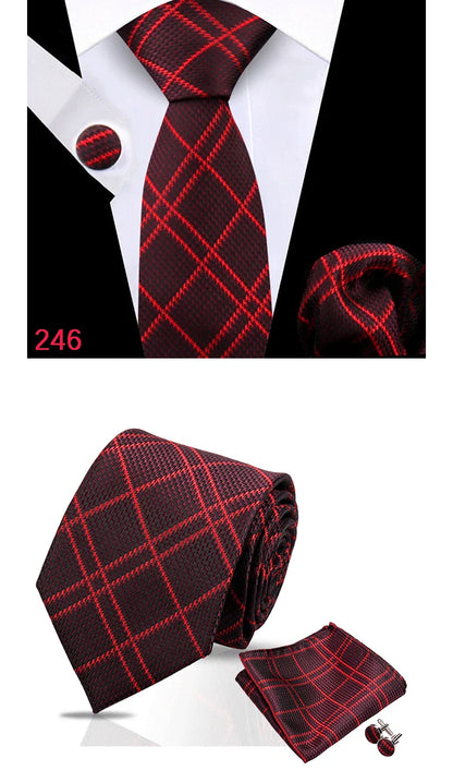 Luxury Plaid Tie For Mens Necktie Handkerchief Pocket Square Cufflinks Set Jacquard Woven Ties Wedding Business Accessories