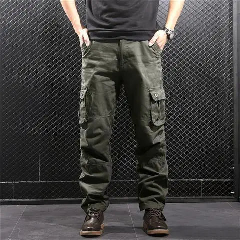 Men's Cotton Cargo Pants – Loose Fit, Multi-Pocket, Camo & Black, Waist 31-36