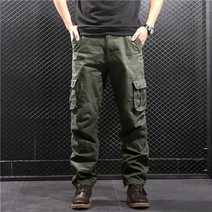 Men's Cotton Cargo Pants – Loose Fit, Multi-Pocket, Camo & Black, Waist 31-36