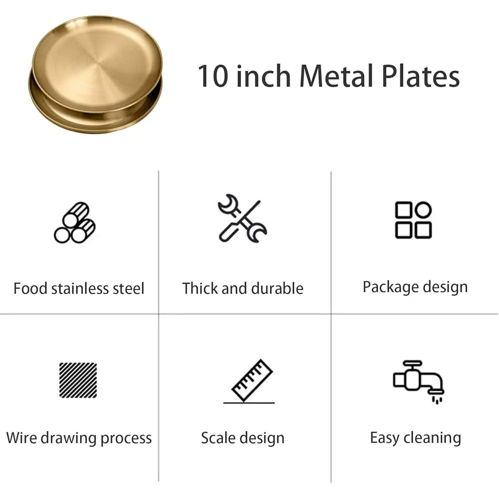 Gold Stainless Steel Dinner Plates – 304 Steel, 9-Inch, Set of 10, Dishwasher Safe