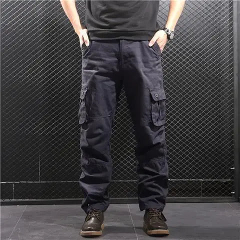 Men's Cotton Cargo Pants – Loose Fit, Multi-Pocket, Camo & Black, Waist 31-36