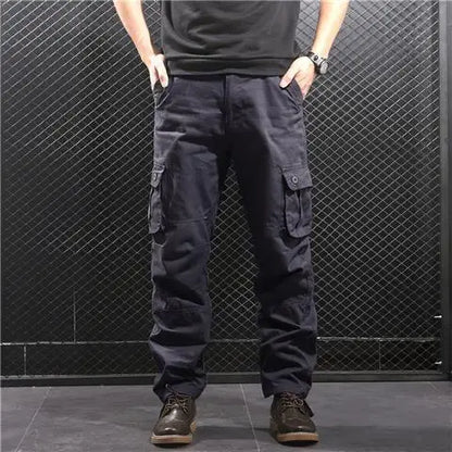 Men's Cotton Cargo Pants – Loose Fit, Multi-Pocket, Camo & Black, Waist 31-36