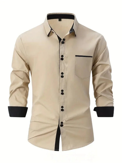 Men's Shirt Business Casual Comfortable Cotton Lapel Color Matching Pocket Holiday Long Sleeve Top