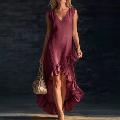 Summer Hot Casual Sleeveless Ruffle Bohemian Dress Women Sexy V Neck Solid Irregular Long Dress Spring Elegant Loose Party Dress