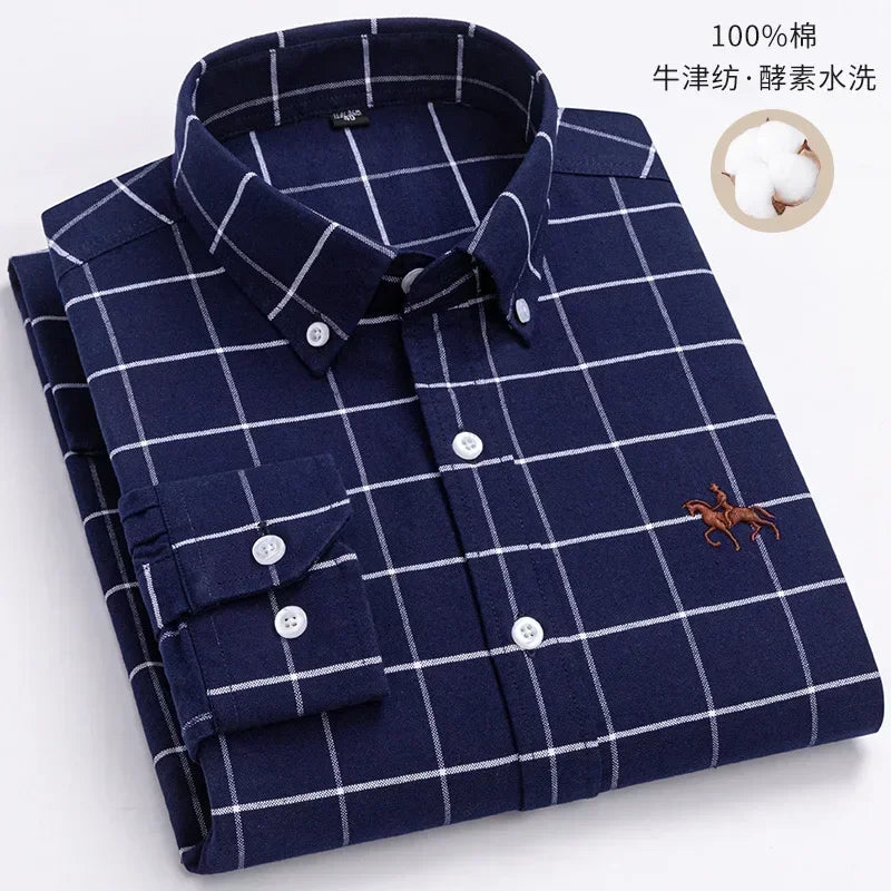S~7XL 100% Pure Cotton Men's Long Sleeve Oxford Spinning Shirt Business Leisure Embroidery Pocket Slim Fit Button Style Soft Med