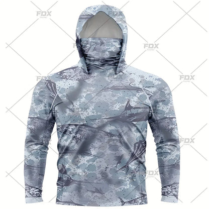 Army Green Camo Colorful Hoodie with Face Mask UV 50+Gaiter Fishing Clothing Men's Long sleeved Breathable Quick Drying T-shirt