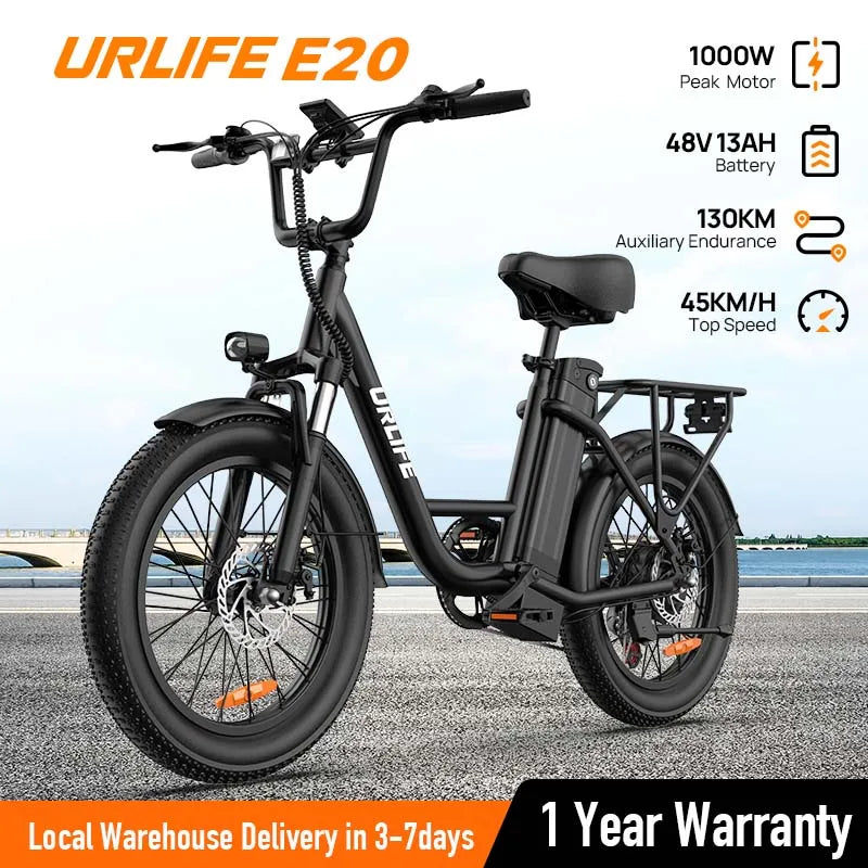 1000W Electric Bike – 48V 13Ah Removable Battery, 20″×3" Fat Tire, 7-Speed, Dual Disc Brakes