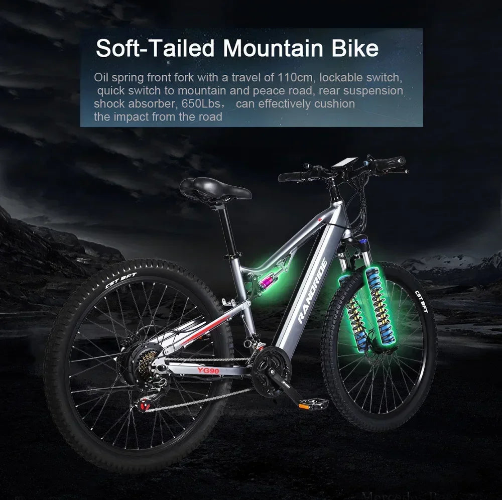 Electric Bicycle RANDRIDE YG90 1000W 48V17AH Hydraulic Brake E-bike with Full Suspension  21 Gears Shift Free Rack Electric bike