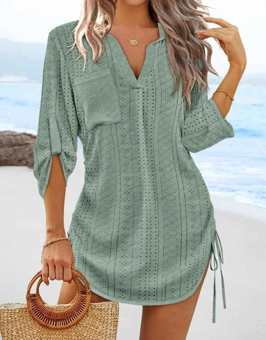 Women's V-Neck Hollow Out Beach Tunic - Lightweight Summer Cover Up with Side Tie Details