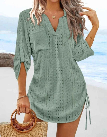Women's V-Neck Hollow Out Beach Tunic - Lightweight Summer Cover Up with Side Tie Details