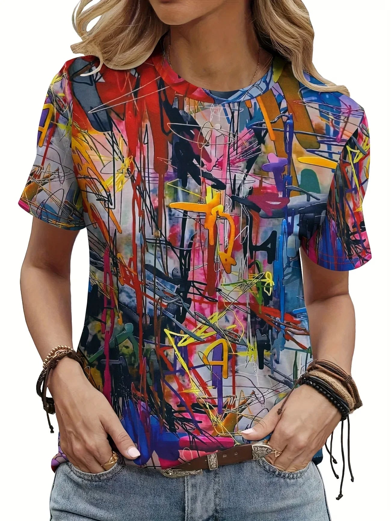 Stand out in this eye-catching graffiti art tee! Soft, breathable fabric, round neck, short sleeves, and a bold multicolored abs