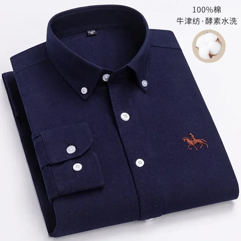 S~7XL 100% Pure Cotton Men's Long Sleeve Oxford Spinning Shirt Business Leisure Embroidery Pocket Slim Fit Button Style Soft Med